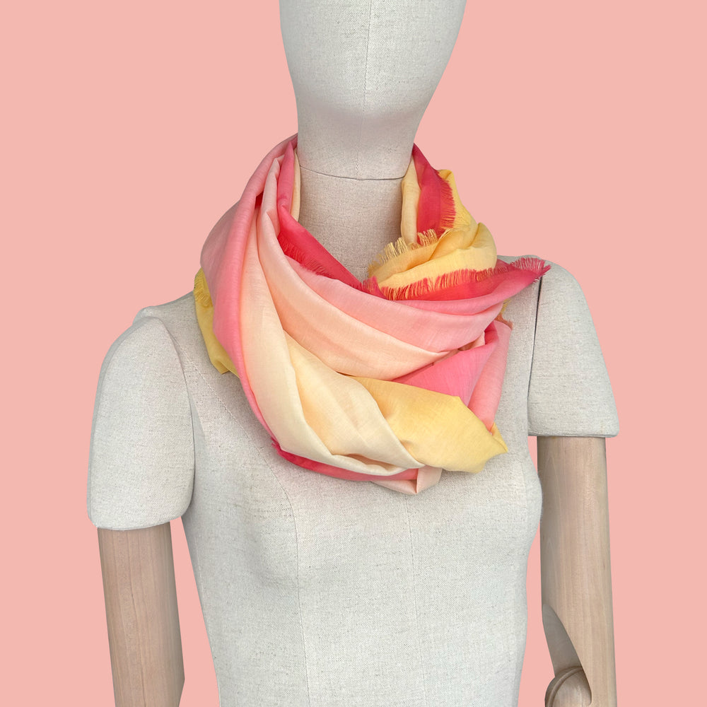 Mixed-cotton-silk-scarf-hand-painted-yellow-pink-otta-italy