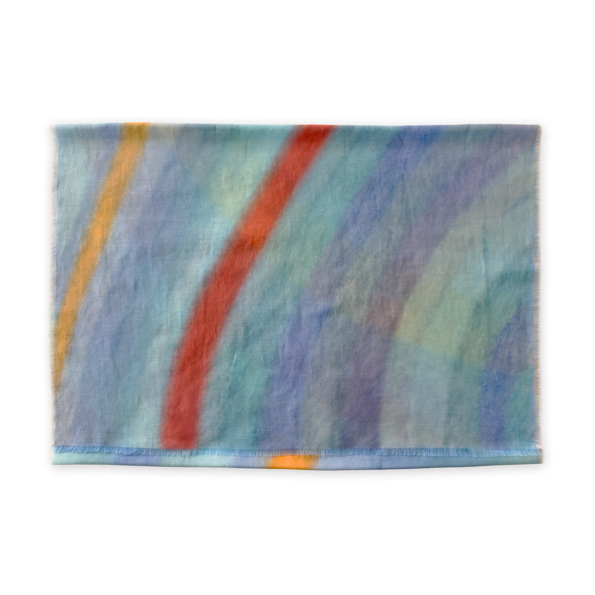 A hand-painted silk cotton scarf by Otta-Italy on a white background, measuring 70 x 190 cm, featuring 
blue, yellow, red, orange and green shades. Luxury Italian silk cotton blend accessory, soft, fresh and lightweight scarf for women and men.

