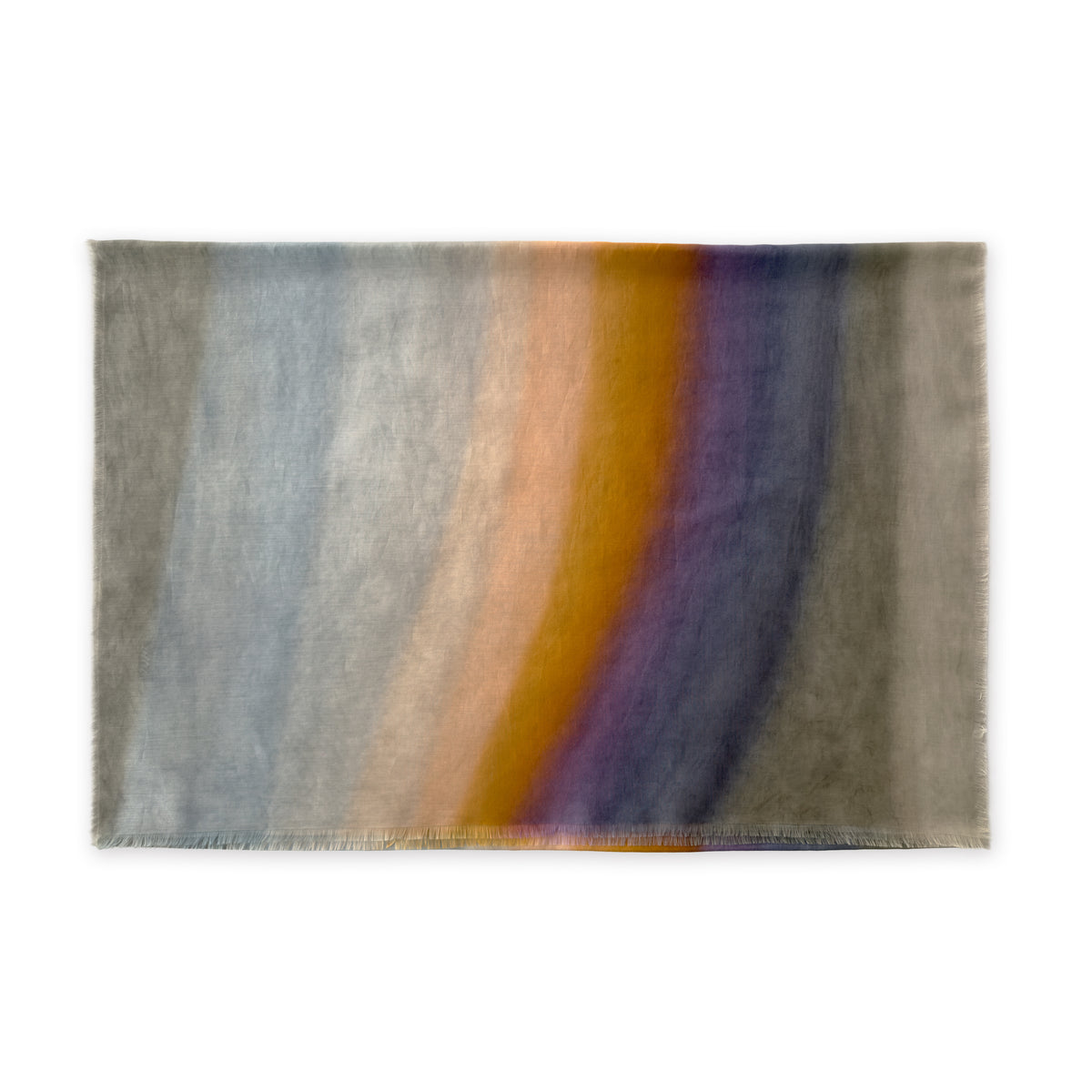 A hand-painted silk cotton scarf by Otta-Italy on a white background, measuring 70 x 190 cm, featuring 
gray, purple and orange shades. Luxury Italian silk cotton blend accessory, soft, fresh and lightweight scarf for women and men.
