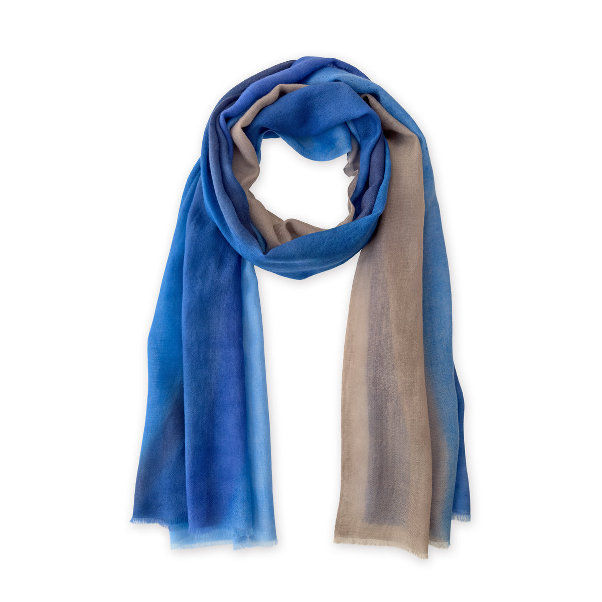 Blue and beige scarf on a white background. cashmere-scarf-hand-painted-69x207cm-indigo-sky-blue-midnight-blue-brown-otta-italy