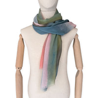 Mannequin wearing a colorful scarf on a white background.Hand-painted pure cashmere scarf by Otta-Italy, 65 x 194 cm, featuring aquamarine, pink, coral, green and grey colors. Luxury Italian cashmere accessory, soft and warm scarf for women and men
