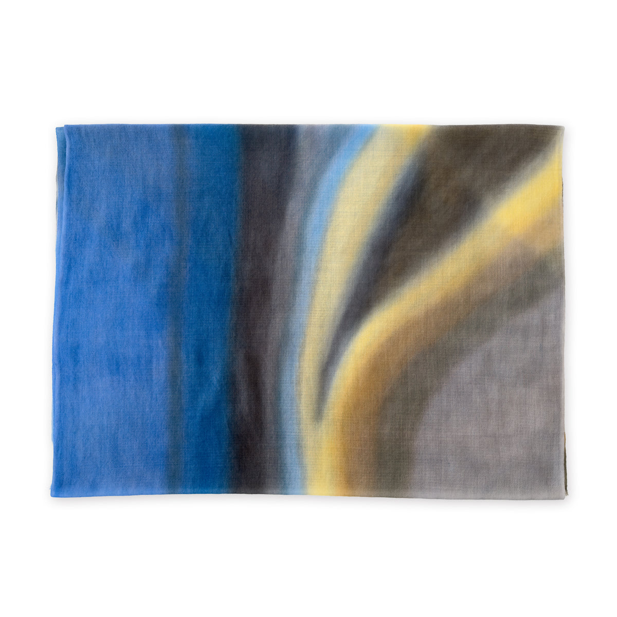 Pure cashmere hand-painted scarf by Otta-Italy flat lay on a white background. Elegant blue, yellow, orange, gray and brown shades. 67x195 cm.

