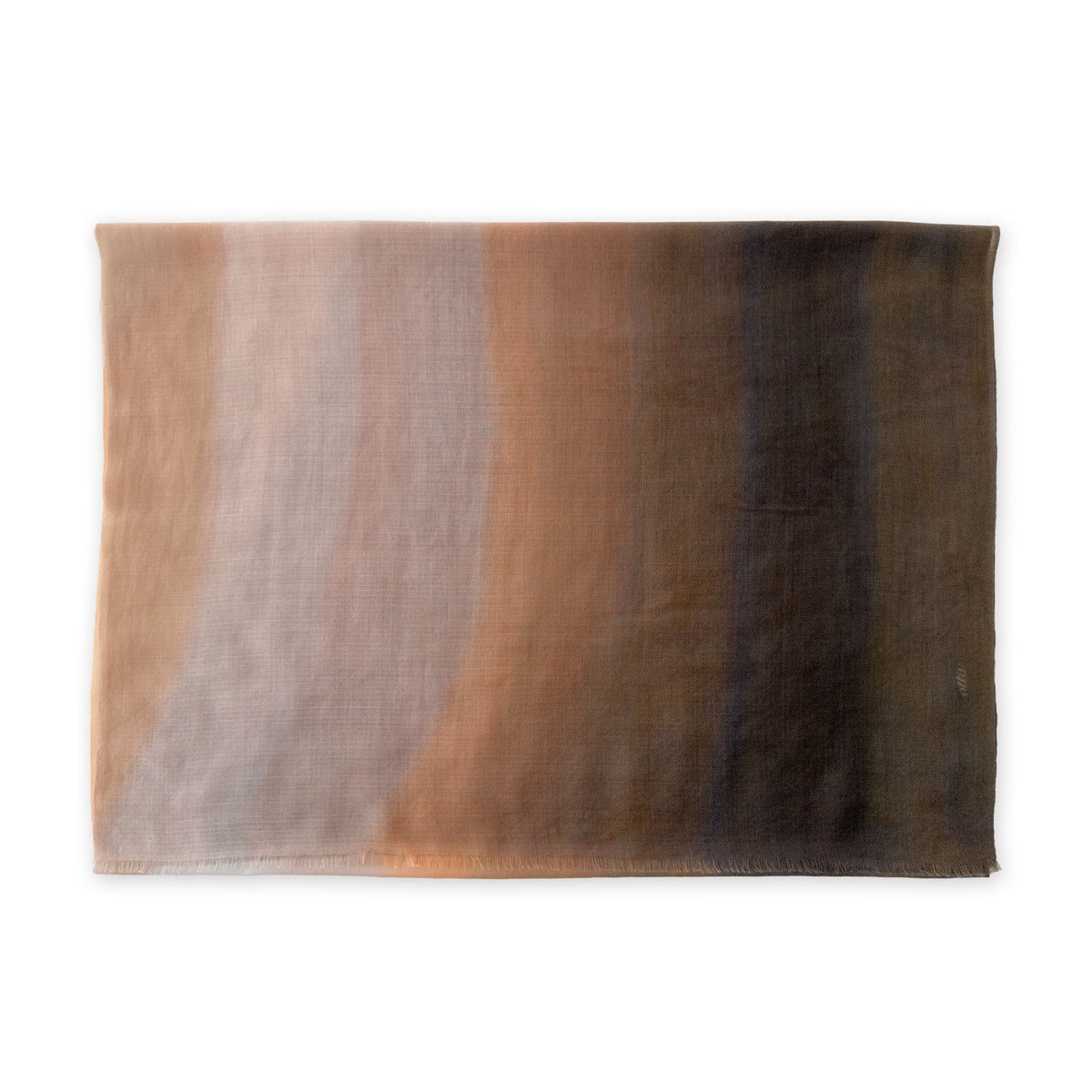 Pure cashmere hand-painted scarf by Otta-Italy flat lay on a white background. Elegant brown, peach, beige and gray shades. 70 x 200 cm.
