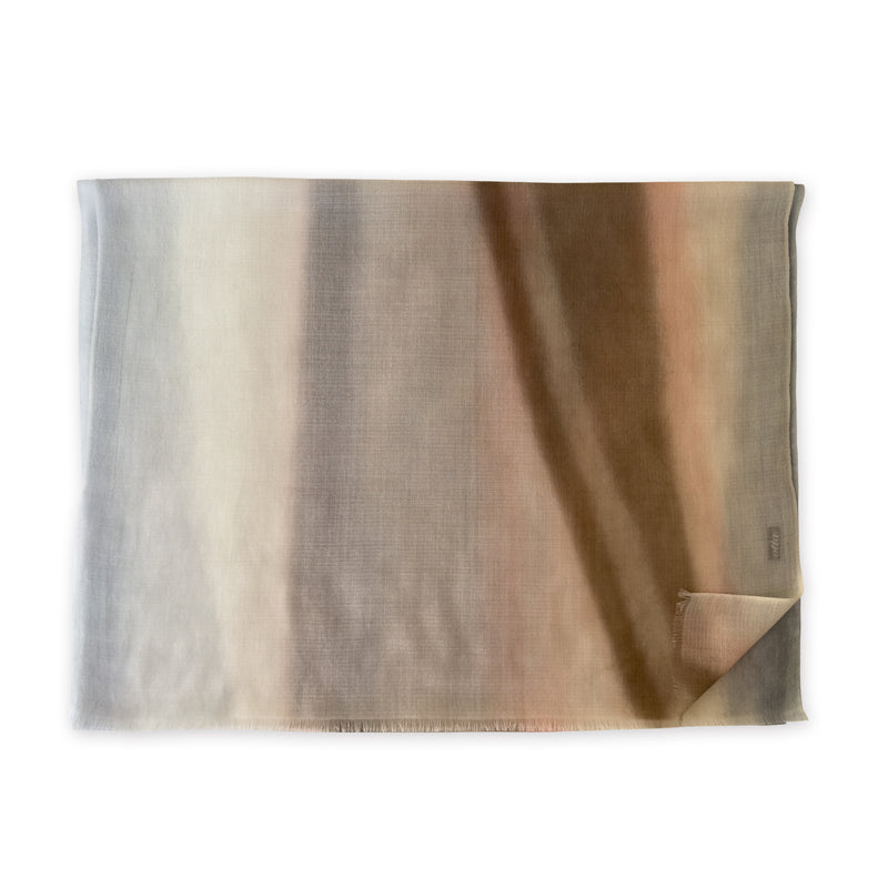 Gradient scarf on a white background. Hand-painted pure cashmere scarf by Otta-Italy, 66 x 200 cm, featuring light gray, beige, pink and brown. Luxury Italian cashmere accessory, soft and warm scarf for women and men.
