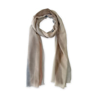 Multicolored cashmere scarf on a white background. Hand-painted cashmere scarf by Otta-Italy, 66 x 200 cm, featuring light gray, beige, pink and brown shades of colors. Luxury Italian cashmere, soft and warm scarf for women and men.