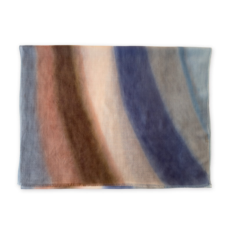 Gradient scarf on a white background. Hand-painted pure cashmere scarf by Otta-Italy, 67 x 200 cm, featuring dark gray and brown. Luxury Italian cashmere accessory, soft and warm scarf for women and men.
