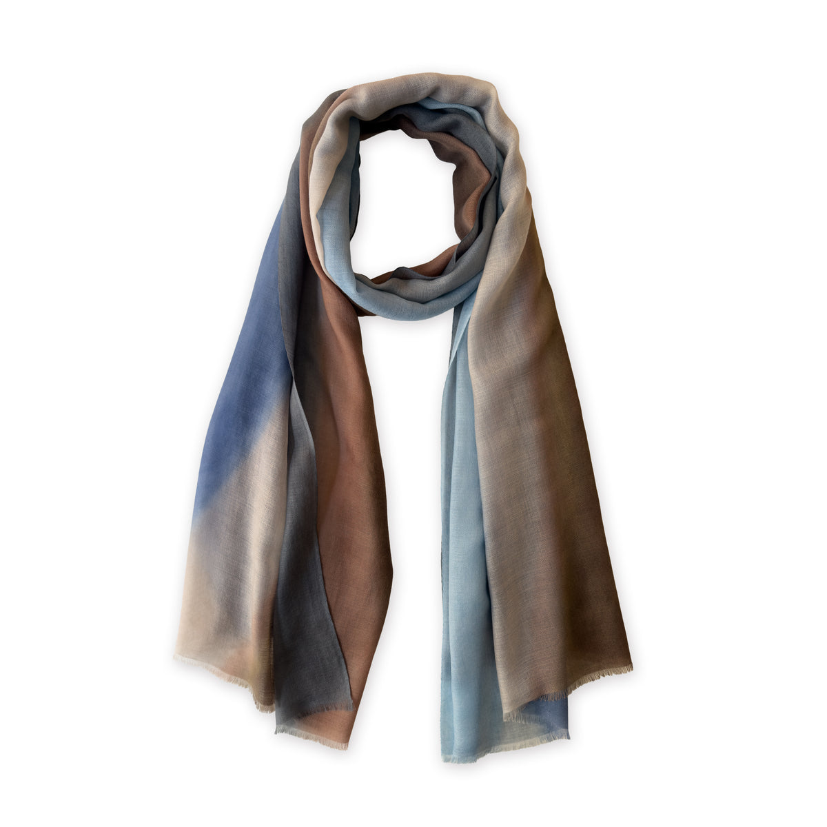 Gradient scarf on a white background. Hand-painted pure cashmere scarf by Otta-Italy, 67 x 200 cm, featuring dark gray and brown. Luxury Italian cashmere accessory, soft and warm scarf for women and men.
