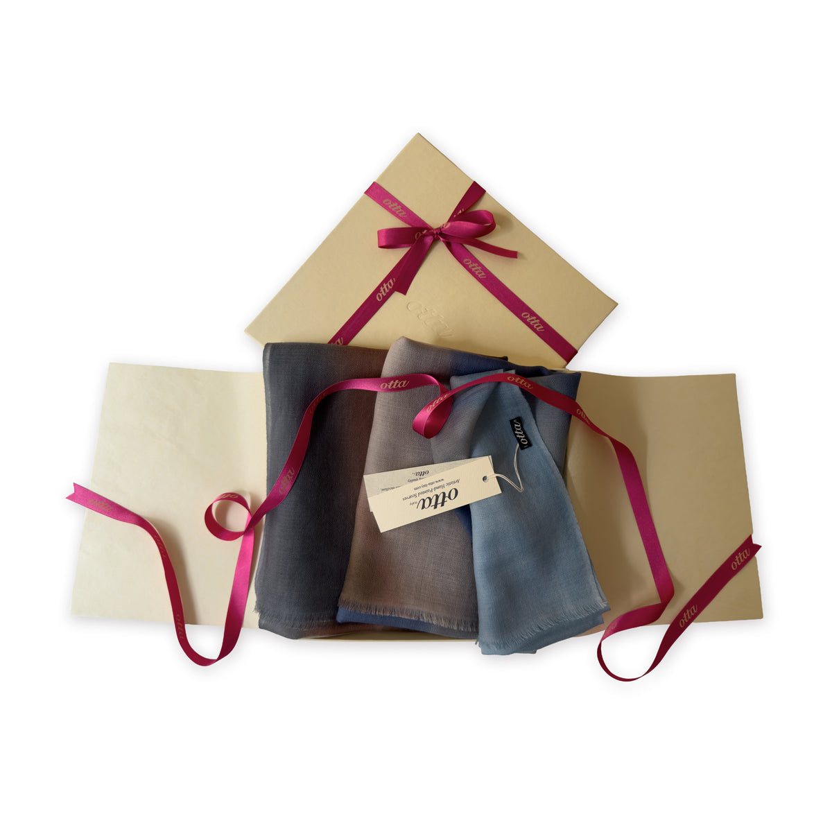 Set of scarves in a gift box with a pink ribbon on a white background. 
Hand-painted pure cashmere scarf by Otta-Italy, 67 x 200 cm, featuring dark gray and brown. Luxury Italian cashmere accessory, soft and warm scarf for women and men.
