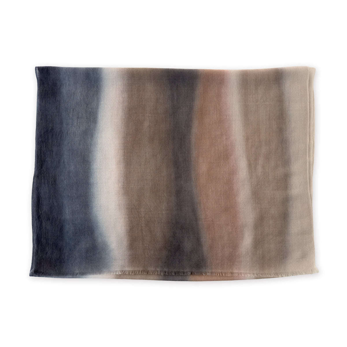 Gradient scarf on a white background. Hand-painted pure cashmere scarf by Otta-Italy, 67 x 200 cm, featuring dark gray and brown. Luxury Italian cashmere accessory, soft and warm scarf for women and men.
