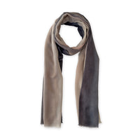 Gradient scarf on a white background. Hand-painted pure cashmere scarf by Otta-Italy, 67 x 200 cm, featuring dark gray and brown. Luxury Italian cashmere accessory, soft and warm scarf for women and men.
