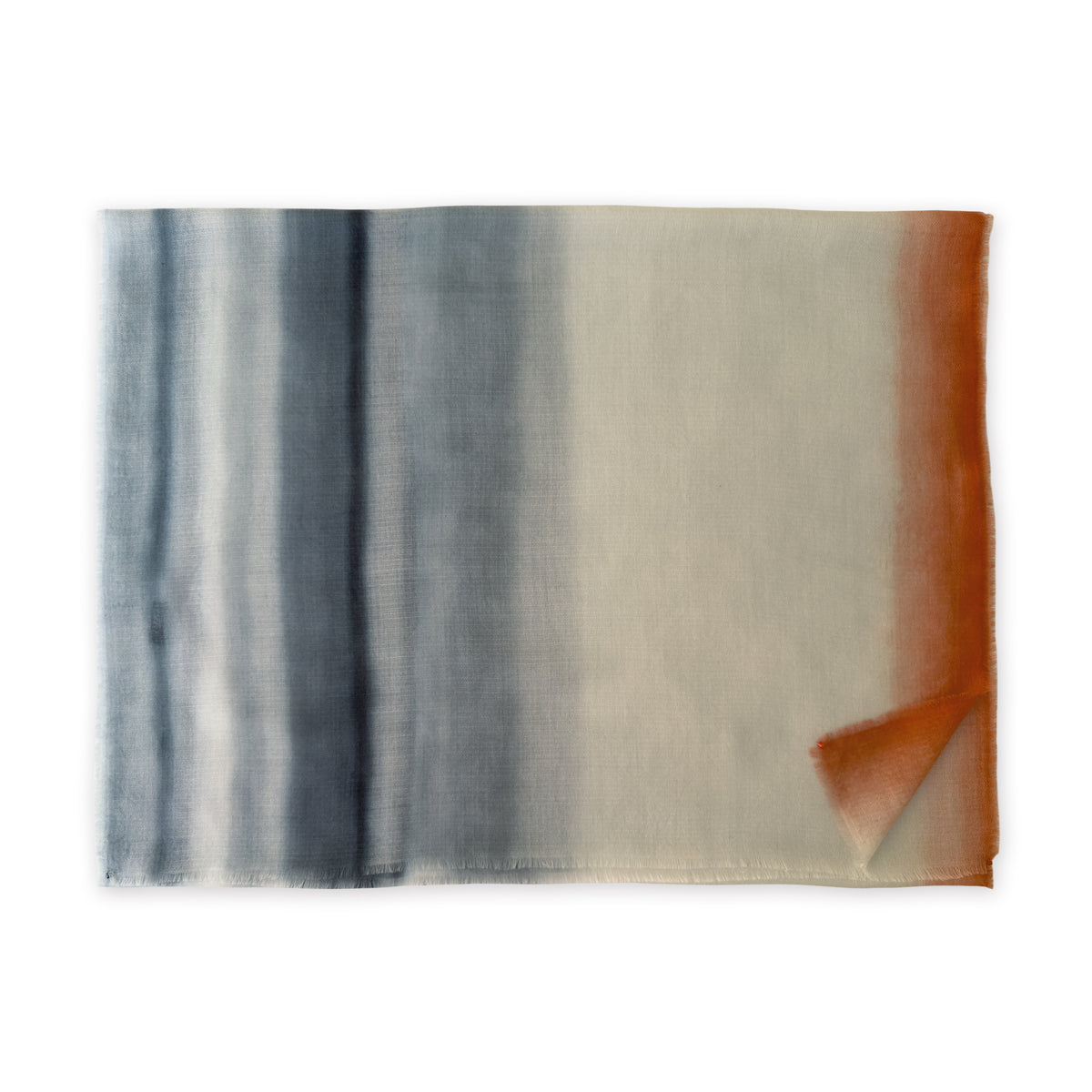 Gradient scarf on a white background. Hand-painted pure cashmere scarf by Otta-Italy, 66 x 198 cm, featuring grey and coral. Luxury Italian cashmere accessory, soft and warm scarf for women and men.
