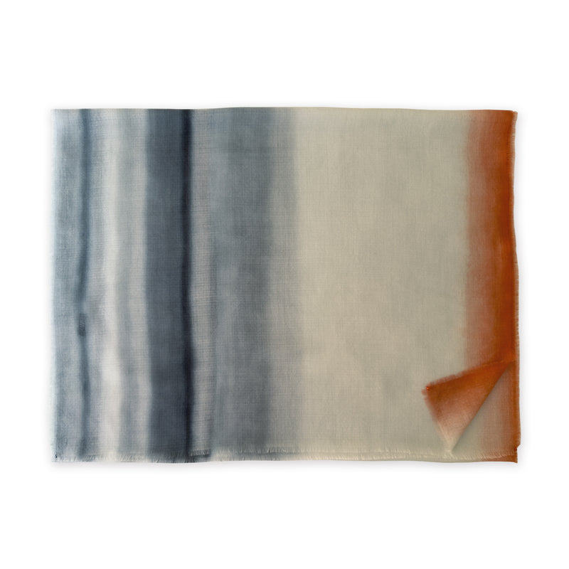 Gradient scarf on a white background. Hand-painted pure cashmere scarf by Otta-Italy, 66 x 198 cm, featuring grey and coral. Luxury Italian cashmere accessory, soft and warm scarf for women and men.
