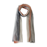 Multicolored cashmere scarf on a white background. Hand-painted cashmere scarf by Otta-Italy, 66 x 198 cm, featuring grey and coral shades of colors. Luxury Italian cashmere, soft and warm scarf for women and men.
