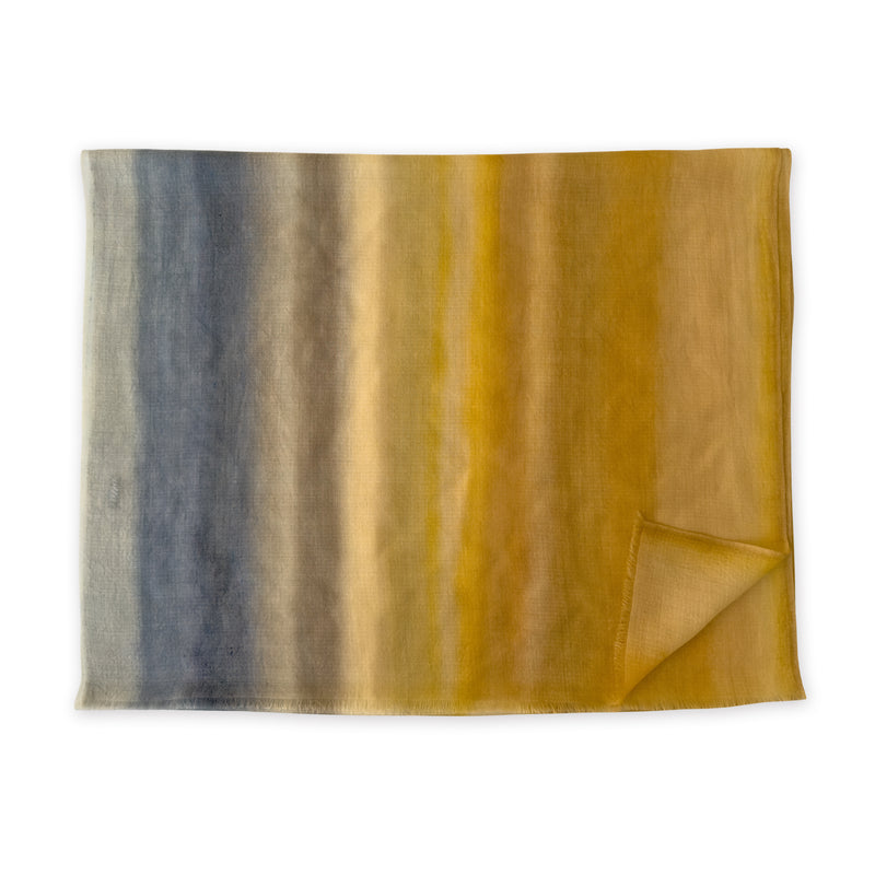 Gradient scarf on a white background. Hand-painted pure cashmere scarf by Otta-Italy, 66 x 198 cm, featuring ochre, yellow and grey. Luxury Italian cashmere accessory, soft and warm scarf for women and men.
