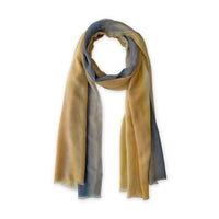 Gradient scarf on a white background. Hand-painted pure cashmere scarf by Otta-Italy, 66 x 198 cm, featuring ochre, yellow and grey. Luxury Italian cashmere accessory, soft and warm scarf for women and men.