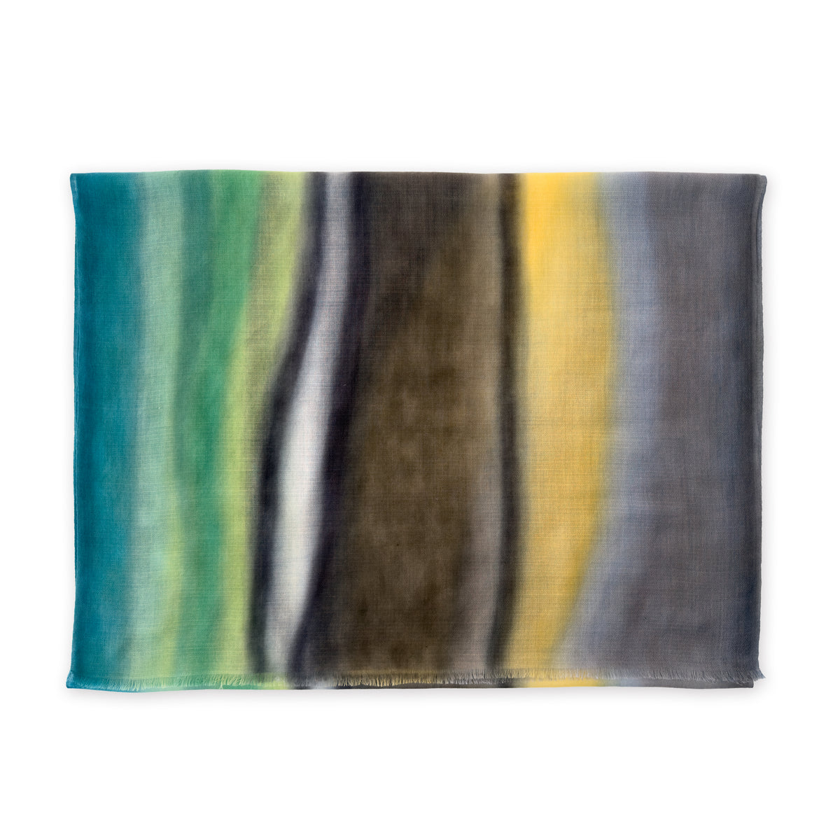 Colorful scarf on a white background. Hand-painted cashmere scarf by Otta-Italy, 68 x 202 cm, featuring 
green, yellow, gray and brown. Luxury Italian pure cashmere accessory, soft and warm scarf for women and men.
