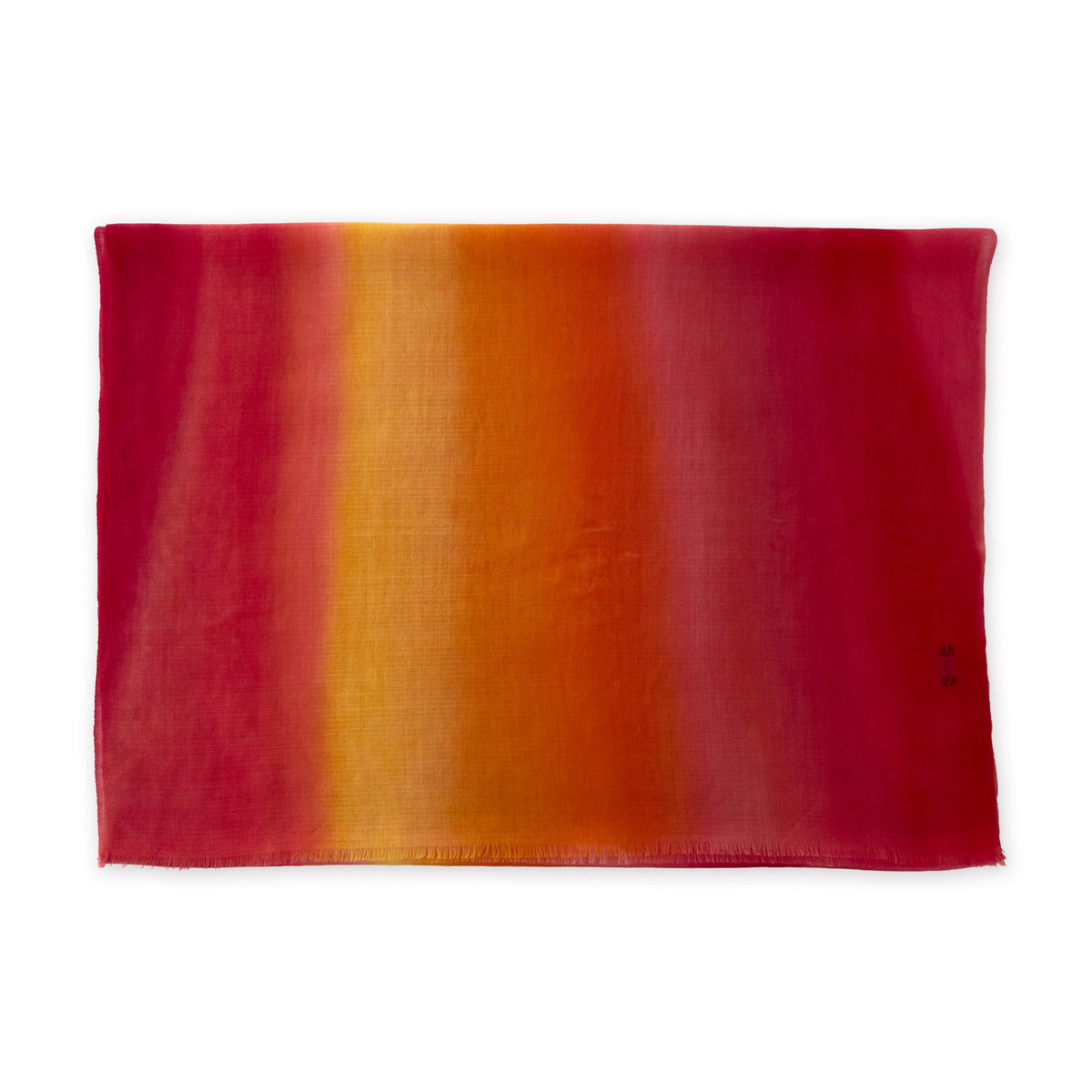 Pure cashmere hand-painted scarf by Otta-Italy flat lay on a white background. Elegant red, orange and yellow shades. 69 x 200 cm.
