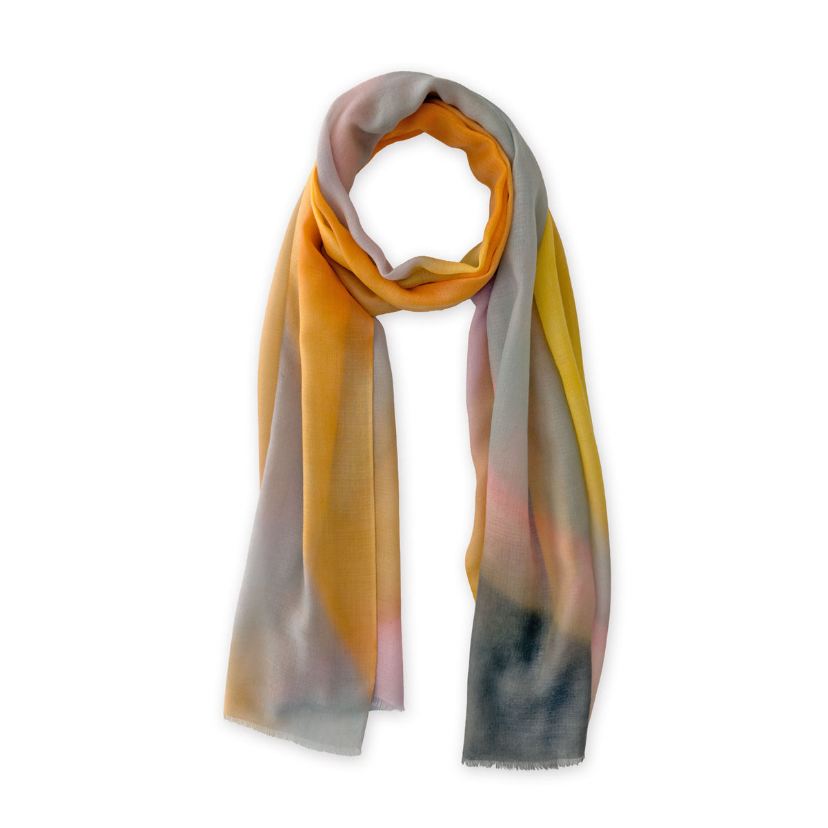 Loosely looped hand-painted Otta cashmere scarf on a white background, showcasing its warm texture and length. 69 x 202 cm.
