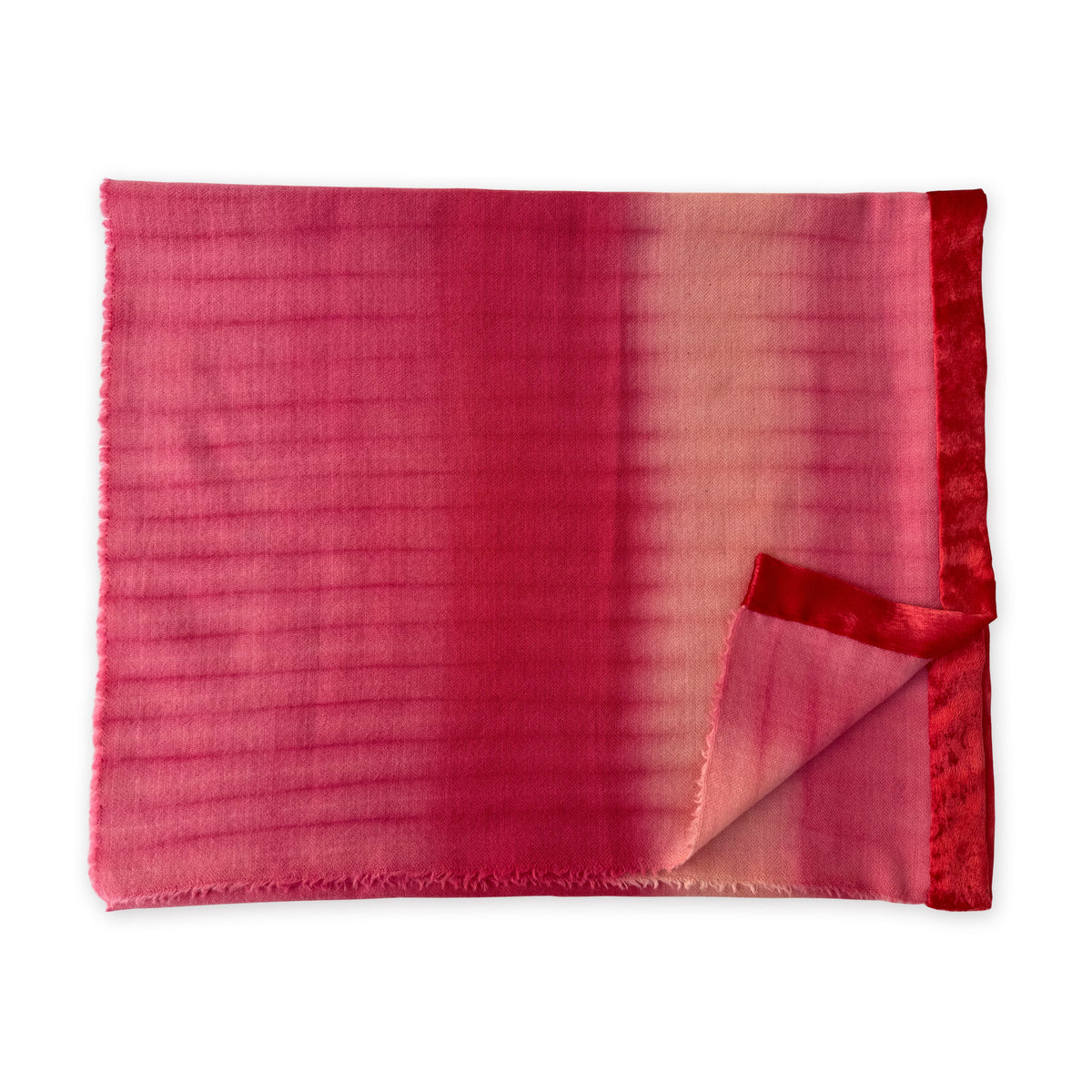 Colorful scarf on a white background. Hand-painted pure wool & silk scarf by Otta-Italy, 57 x 180 cm, featuring 
red, fuchsia and pink. Luxury Italian cashmere & wool accessory, soft and warm scarf for women and men.
