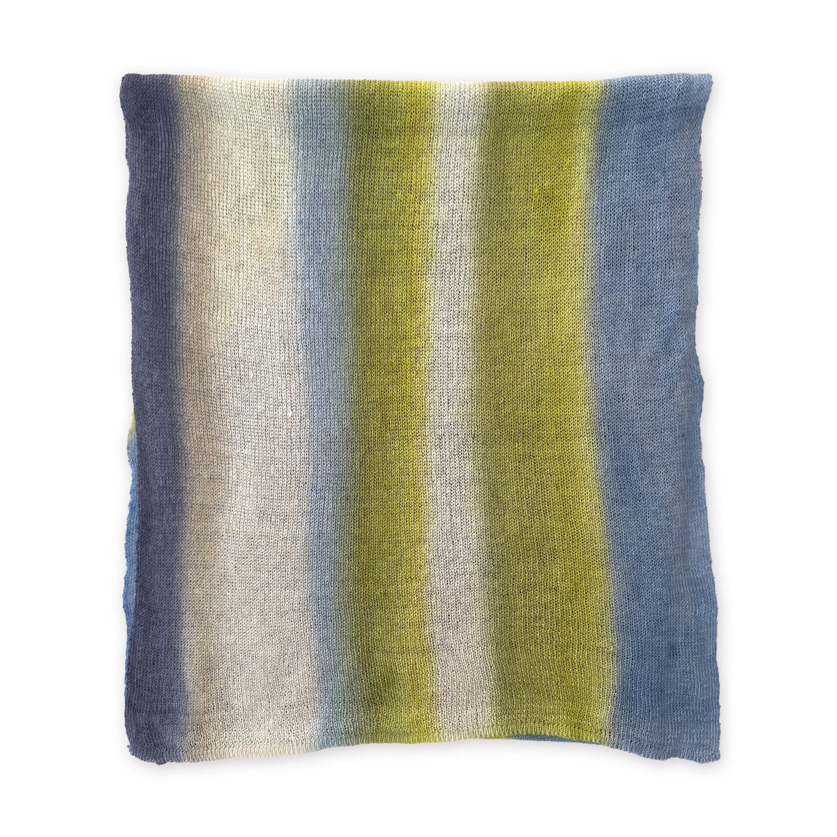 Mannequin wearing scarf on a pastel blue background. Hand-painted linen scarf by Otta-Italy, 34 x 192 cm, featuring 
blue, midnight blue, indigo, light blue, green. Luxury Italian pure linen accessory, soft, fresh and lightweight scarf for women and men.
