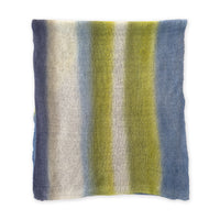 Mannequin wearing scarf on a pastel blue background. Hand-painted linen scarf by Otta-Italy, 34 x 192 cm, featuring 
blue, midnight blue, indigo, light blue, green. Luxury Italian pure linen accessory, soft, fresh and lightweight scarf for women and men.
