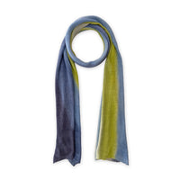 Hand-painted Otta pure linen scarf in 
blue, midnight blue, indigo, light blue, green, loosely looped to showcase its full length and delicate texture in white background. Lightweight artisan accessory with hand-sewn edges, measuring 34 x 192 cm.
