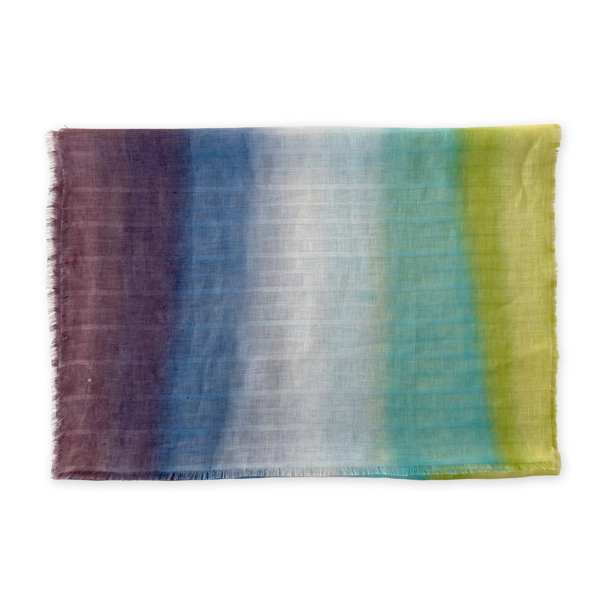 Hand-painted linen scarf by Otta-Italy, 70 x 190 cm, featuring 
blue, turquoise, green and purple. Luxury Italian pure linen accessory with hand-sewn edges, soft, fresh and lightweight scarf for women and men.
