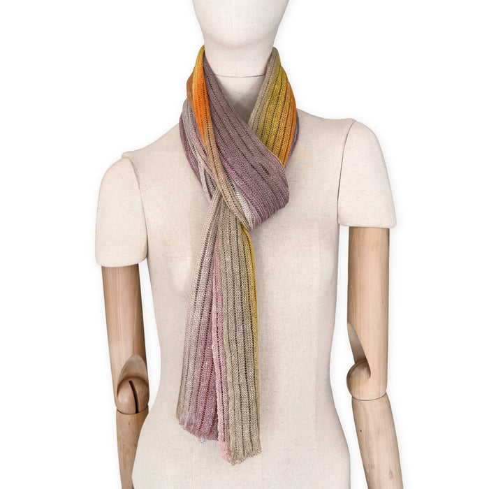 Mannequin wearing a colorful striped scarf on a white background. linen-scarf-hand-painted-28x192cm-brown-pastel pink-orange-yellow-otta-italy
