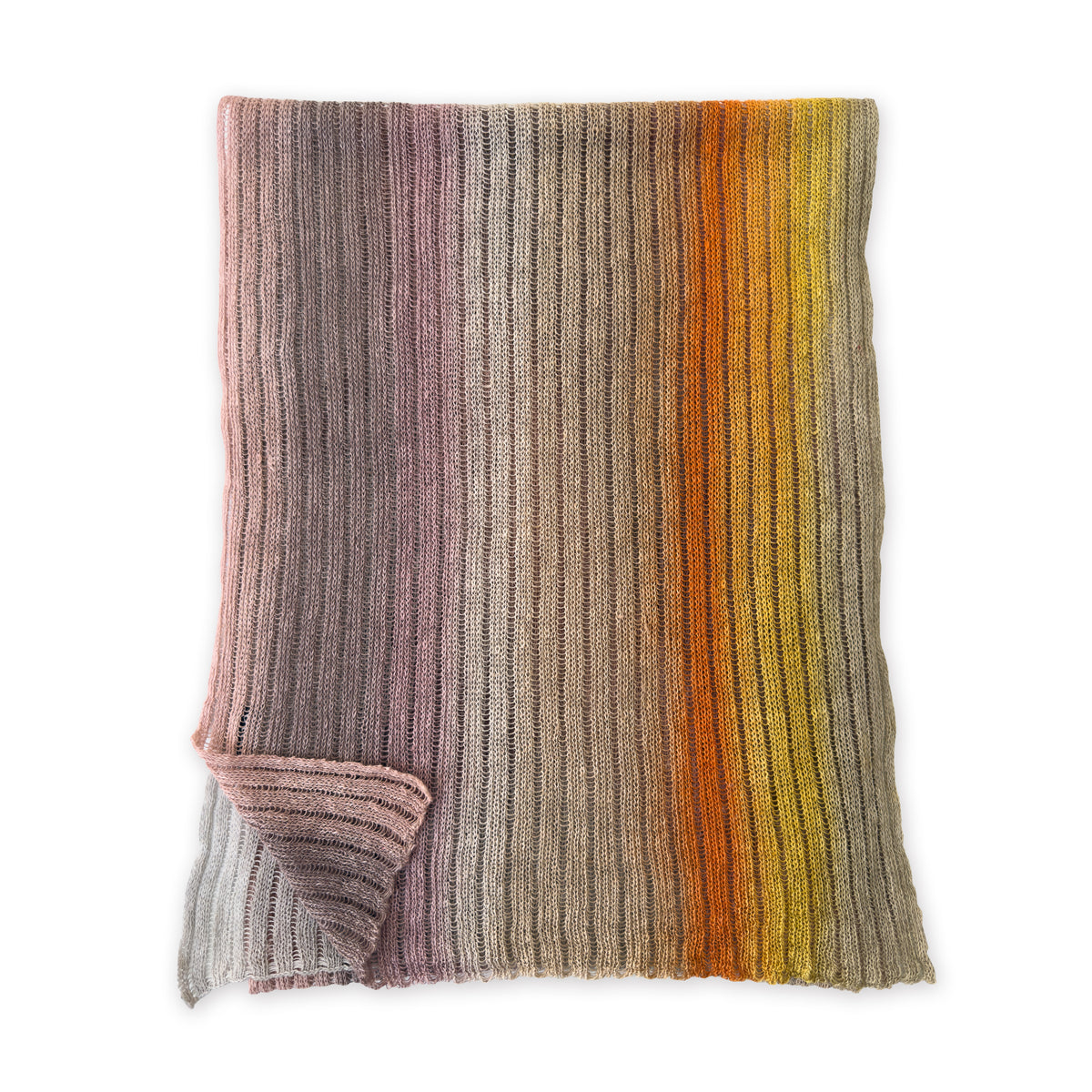 Knitted blanket with multicolor stripes on a white background. linen-scarf-hand-painted-28x192cm-brown-pastel pink-orange-yellow-otta-italy

