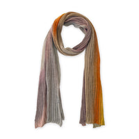 Multicolored scarf with gradient pattern on a white background. linen-scarf-hand-painted-28x192cm-brown-pastel pink-orange-yellow-otta-italy
