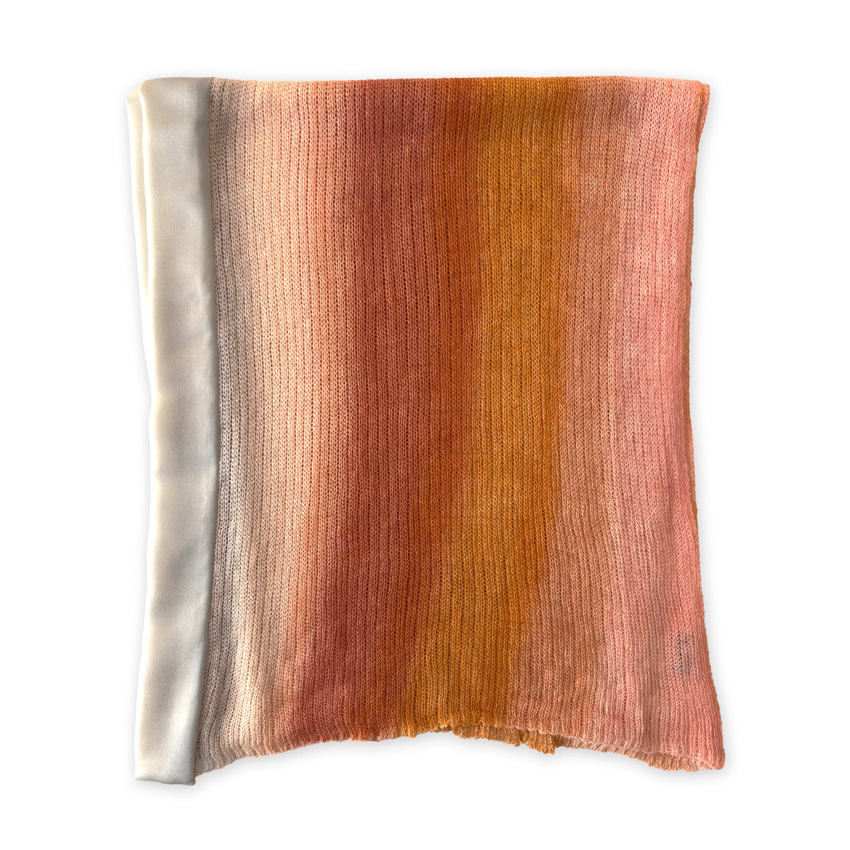 Hand-painted linen scarf by Otta-Italy, 37 x 196 cm, featuring 
coral, orange, gray, and champagne. Luxury Italian pure linen accessory with hand-sewn edges, soft, fresh and lightweight scarf for women and men.
