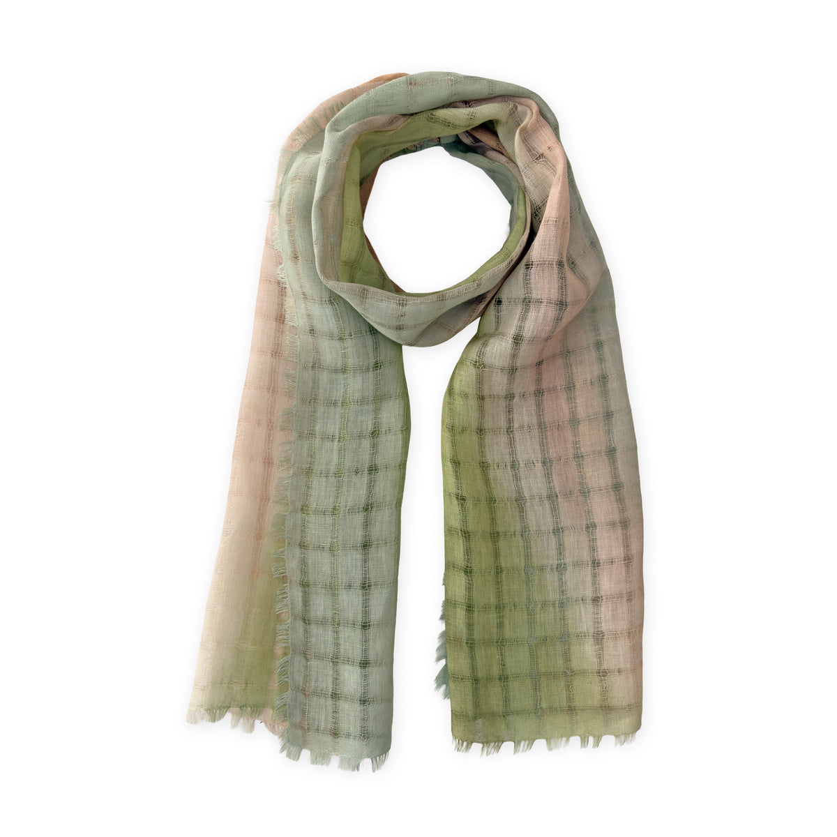 Hand-painted Otta pure linen scarf in 
green and beige, loosely looped to showcase its full length and delicate texture in white background. Lightweight artisan accessory with hand-sewn edges, measuring 48 x 190 cm.
