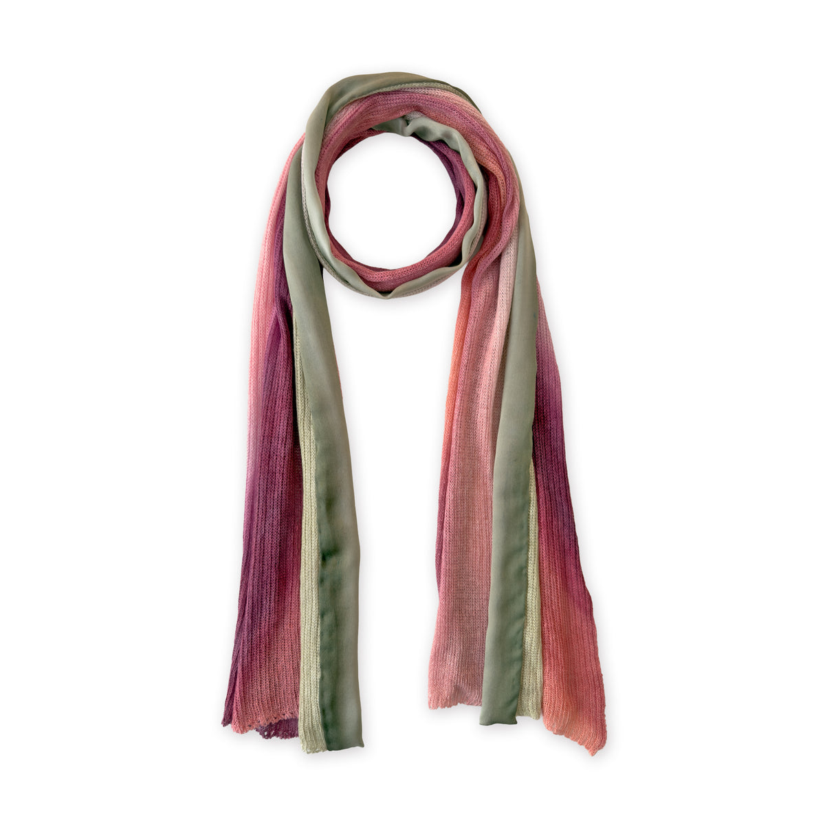 Hand-painted Otta pure linen scarf in 
pink and green, loosely looped to showcase its full length and delicate texture in white background. Lightweight artisan accessory with hand-sewn edges, measuring 42 x 196 cm.

