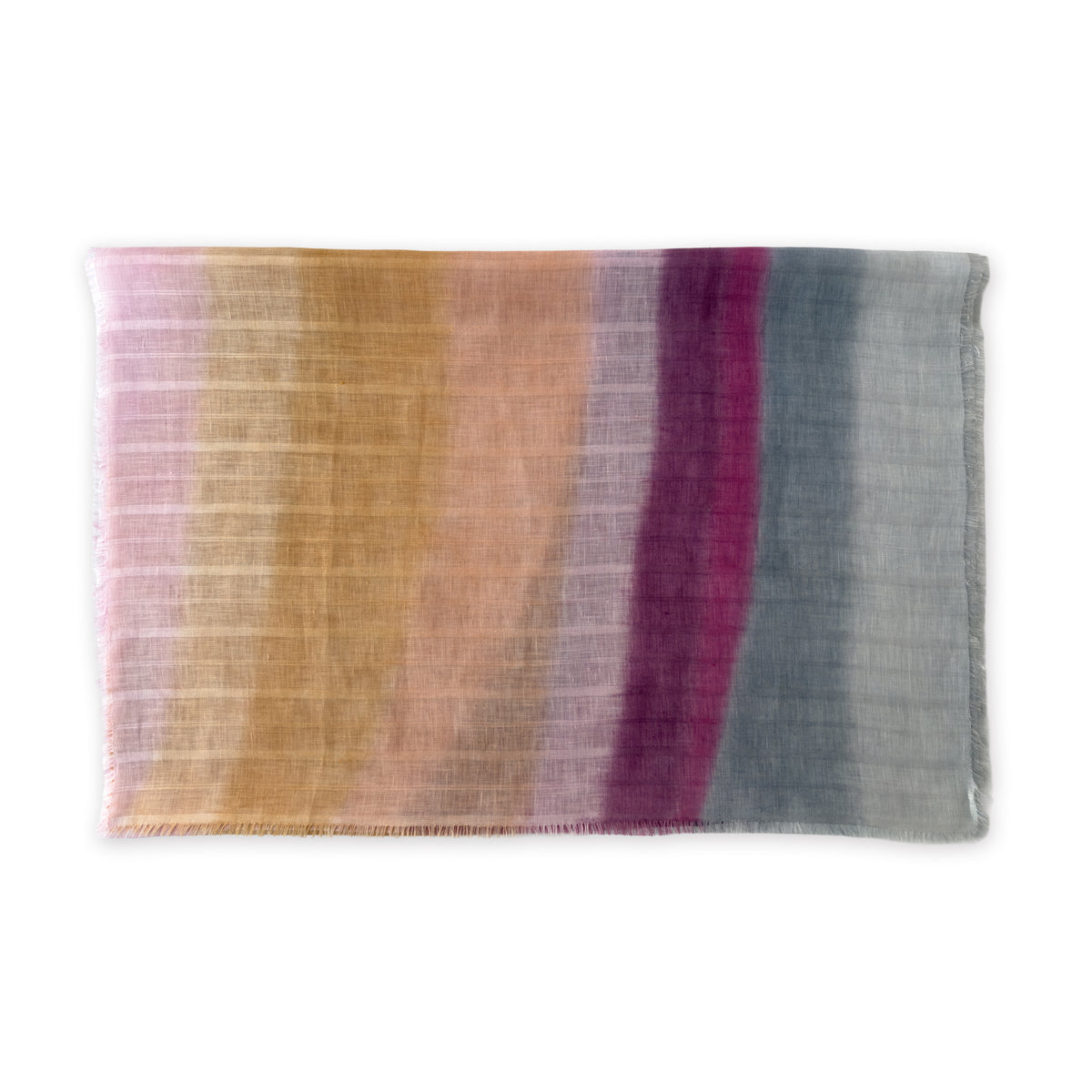Hand-painted linen scarf by Otta-Italy, 70 x 190 cm, featuring 
pink, peach, fuchsia and gray. Luxury Italian pure linen accessory with hand-sewn edges, soft, fresh and lightweight scarf for women and men.
