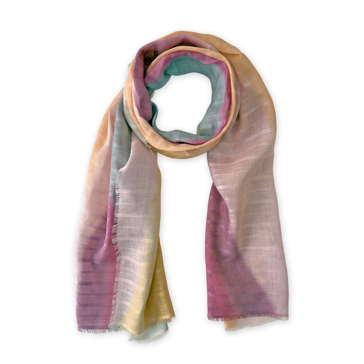 Hand-painted Otta pure linen scarf in 
pink, peach, fuchsia and gray, loosely looped to showcase its full length and delicate texture in white background. Lightweight artisan accessory with hand-sewn edges, measuring 70 x 190 cm.
