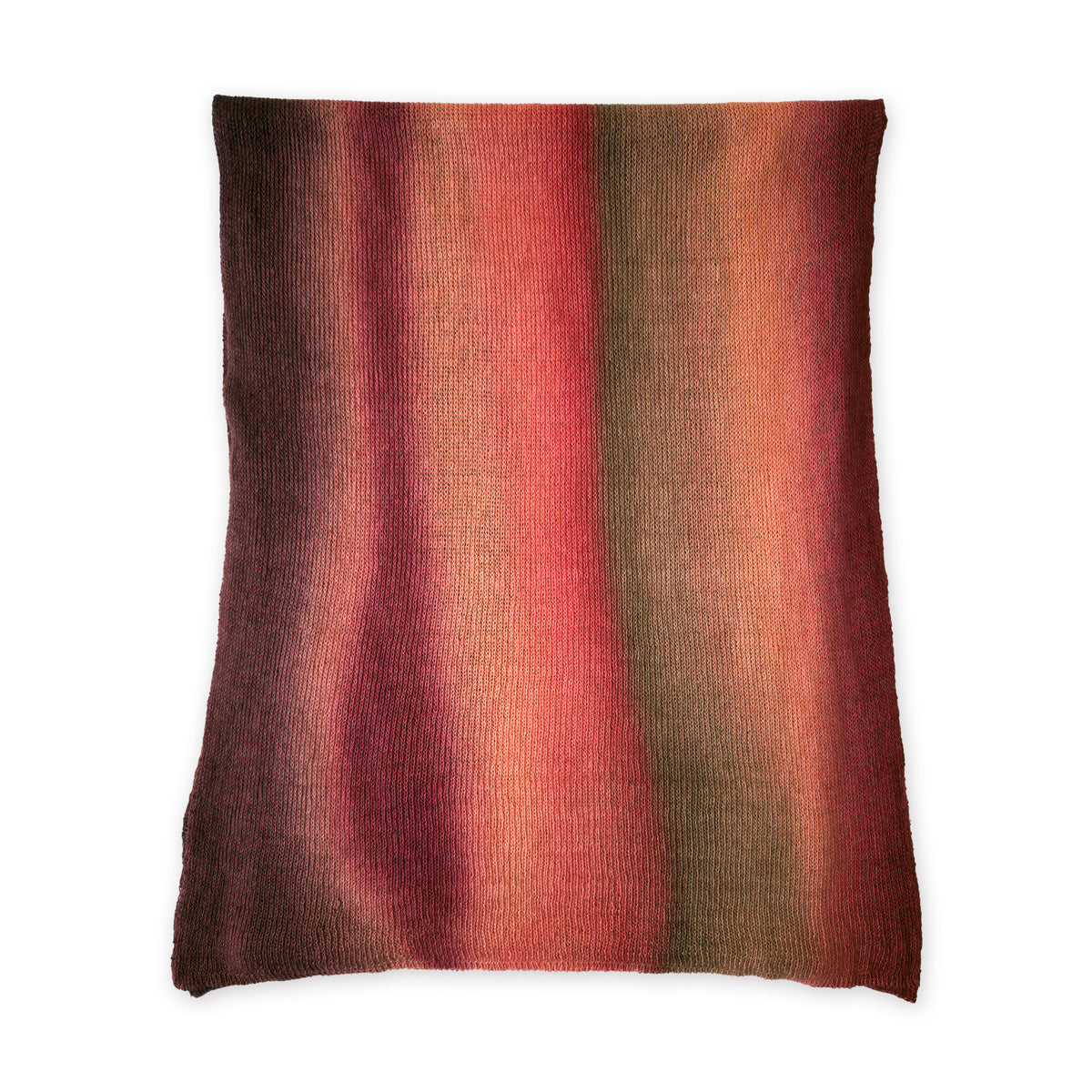 Colorful linen scarf in red, coral and brown shades on a white background. t is hand-painted scarf in measures 32 x 200 cm by otta-italy scarves brand. Luxury Italian linen accessory, soft and lightweight scarf for women and men.
