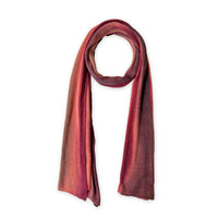 Gradient scarf on a white background. Hand-painted pure linen scarf by Otta-Italy, 32 x 200 cm, featuring red, coral and brown. Luxury Italian silk accessory, soft and lightweight scarf for women and men.

