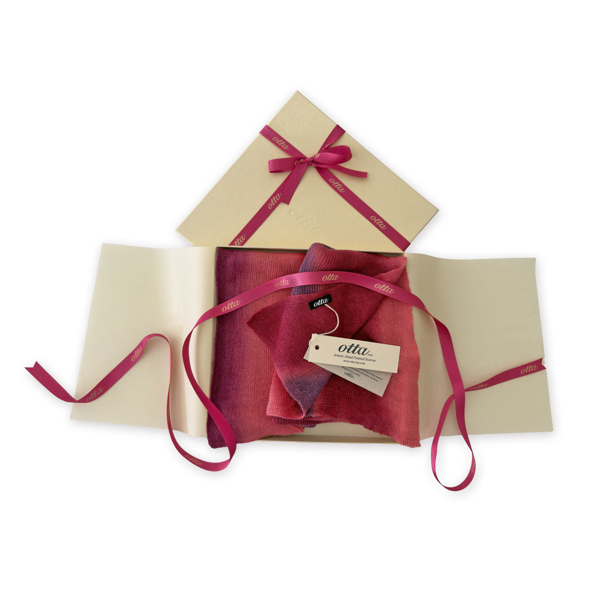 Set of scarves in a gift box with a pink ribbon on a white background. 
Hand-painted linen scarf by Otta-Italy, 33 x 205 cm, featuring 
red and purple. Luxury Italian pure linen accessory, soft, fresh and lightweight scarf for women and men.

