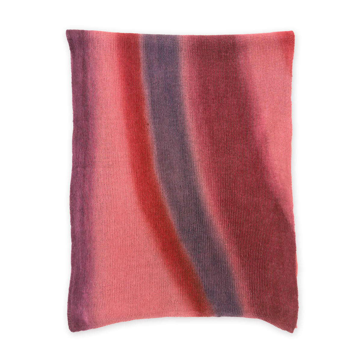 Hand-painted Otta pure linen scarf in 
red and purple, loosely looped to showcase its full length and delicate texture in white background. Lightweight artisan accessory with hand-sewn edges, measuring 33 x 205 cm.
