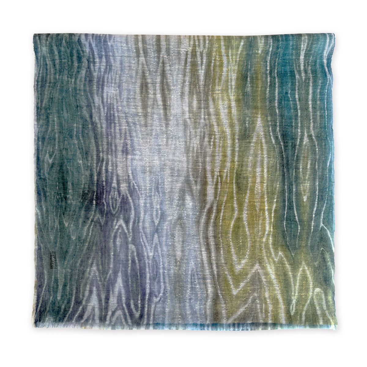 Hand-painted linen scarf by Otta-Italy, 52 x 205 cm, featuring 
blue, light blue and green. Luxury Italian pure linen accessory with hand-sewn edges, soft, fresh and lightweight scarf for women and men.
