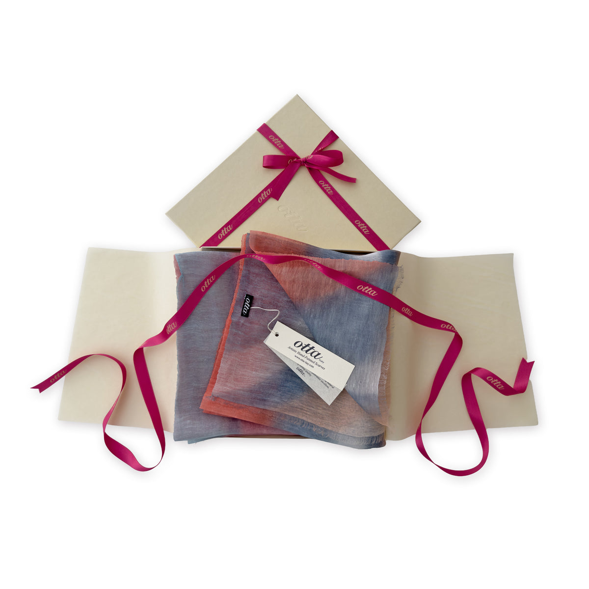 Set of scarves in a gift box with a pink ribbon on a white background. 
Hand-painted linen scarf by Otta-Italy, 52 x 200 cm, featuring 
coral, gray, brown, pink and blue. Luxury Italian pure linen accessory, soft, fresh and lightweight scarf for women and men.
