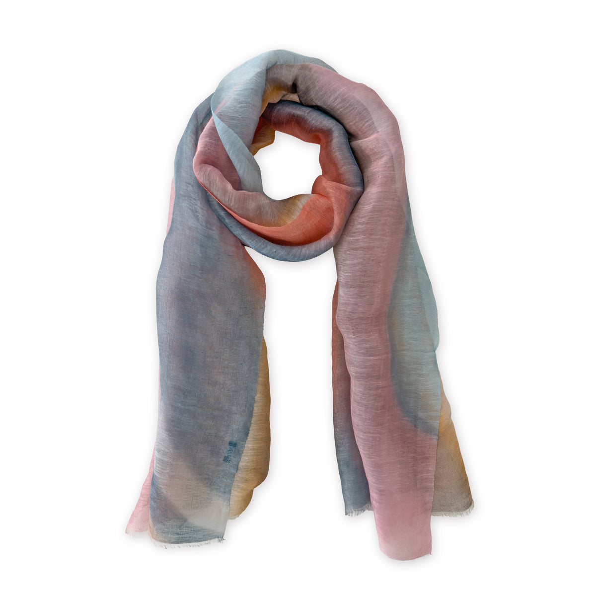 Hand-painted Otta pure linen scarf in 
coral, gray, brown, pink and blue, loosely looped to showcase its full length and delicate texture in white background. Lightweight artisan accessory with hand-sewn edges, measuring 52 x 200 cm.
