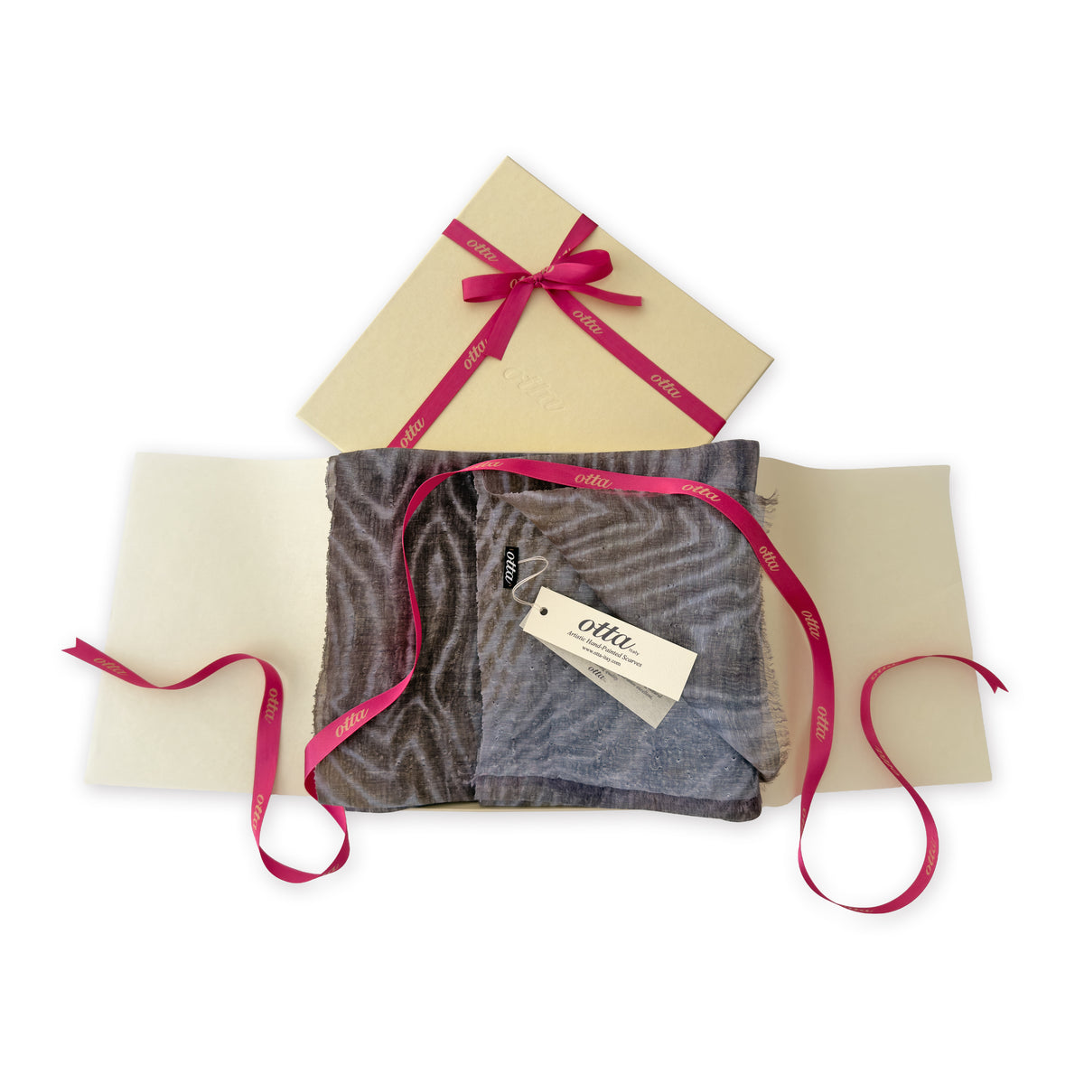 Set of scarves in a gift box with a pink ribbon on a white background. 
Hand-painted linen scarf by Otta-Italy, 51x 202 cm, featuring 
brown, gray and blue. Luxury Italian pure linen accessory, soft, fresh and lightweight scarf for women and men.
