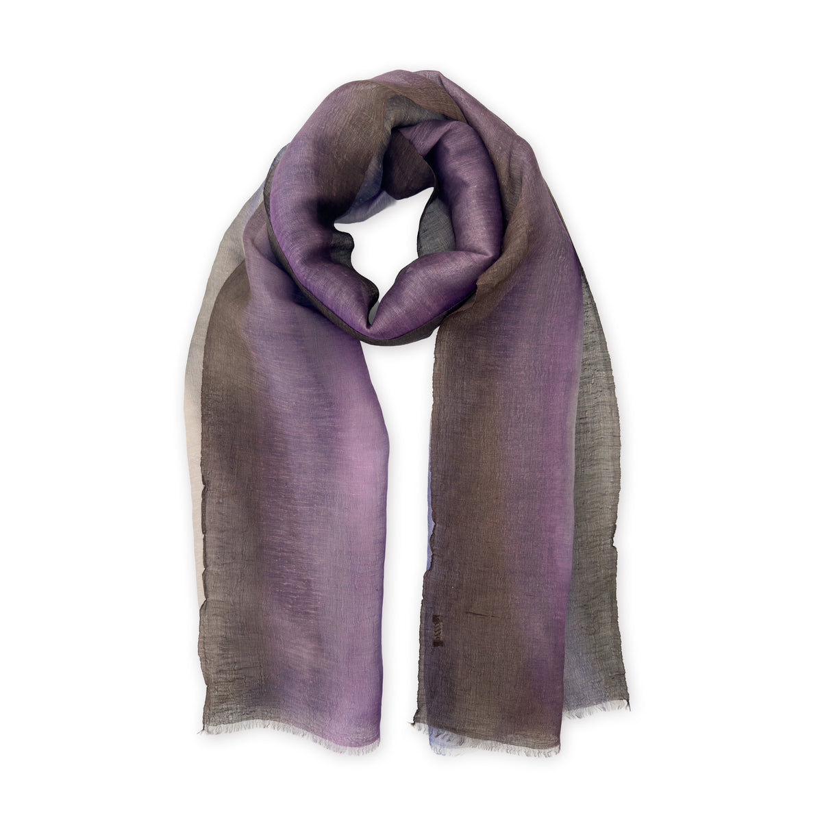 Loosely looped hand-painted Otta linen silk blend scarf on a white background, showcasing its texture and length. 52x201 cm.
