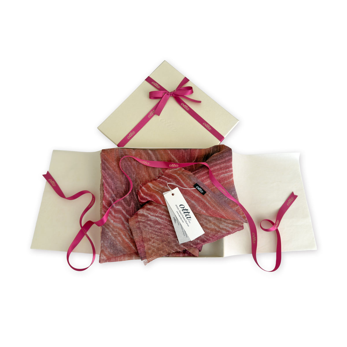 Set of scarves in a gift box with a pink ribbon on a white background. 
Hand-painted linen scarf by Otta-Italy, 203 x 50 cm, featuring 
brown and red. Luxury Italian pure linen accessory, soft, fresh and lightweight scarf for women and men.
