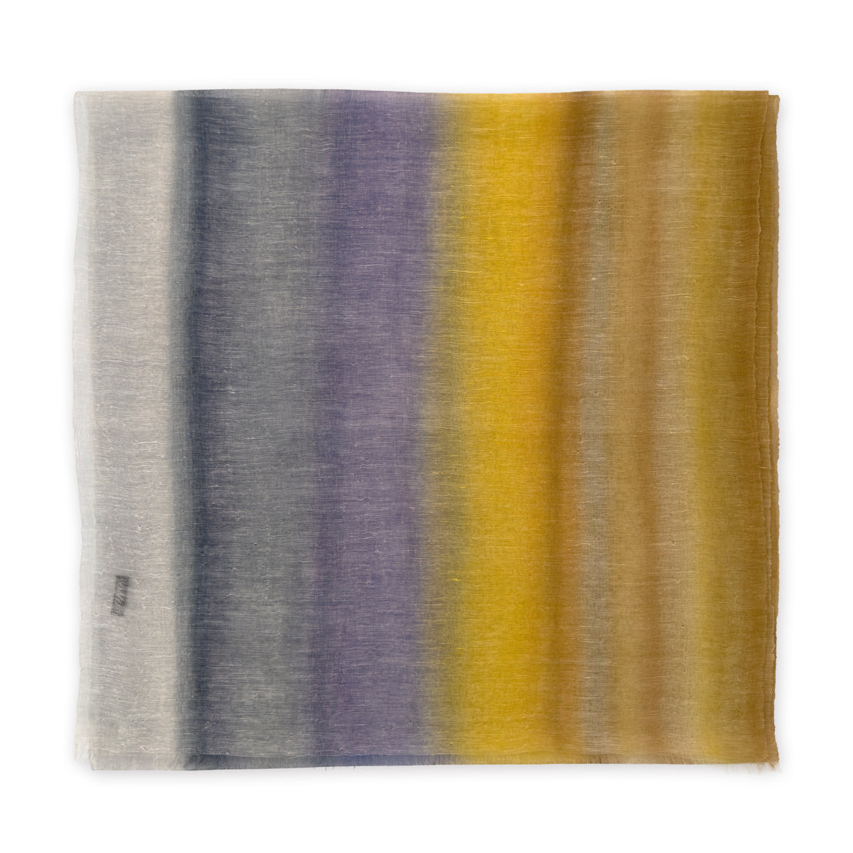Hand-painted linen silk blend scarf by Otta-Italy flat lay on a white background. Yellow, ochre, sapphire, and gray luxury accessory.
