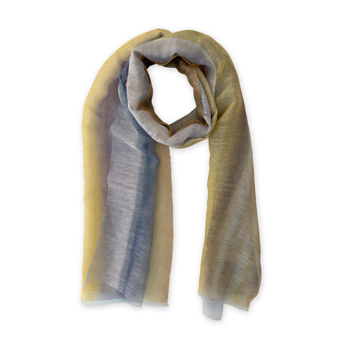 Loosely looped hand-painted Otta-Italy linen silk blend scarf on a white background, showcasing its unique woven texture and length. 52x200 cm.

