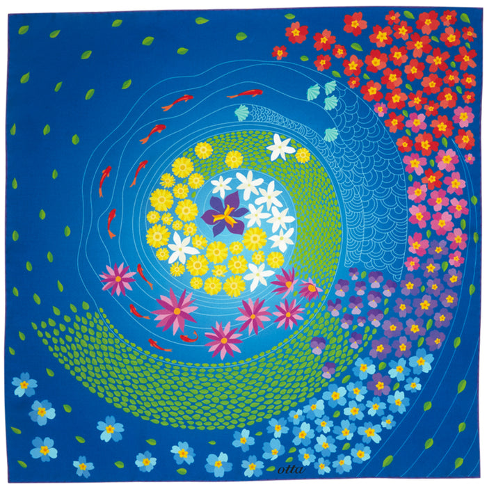 Square 100% silk twill scarf by Otta-Italy featuring the "Primavera Persiana in Blue" exclusive design, 50x50 cm, showcasing an elegant swirling floral mosaic pattern with intricate red, blue, green, and yellow blossoms on a soft blue background.
