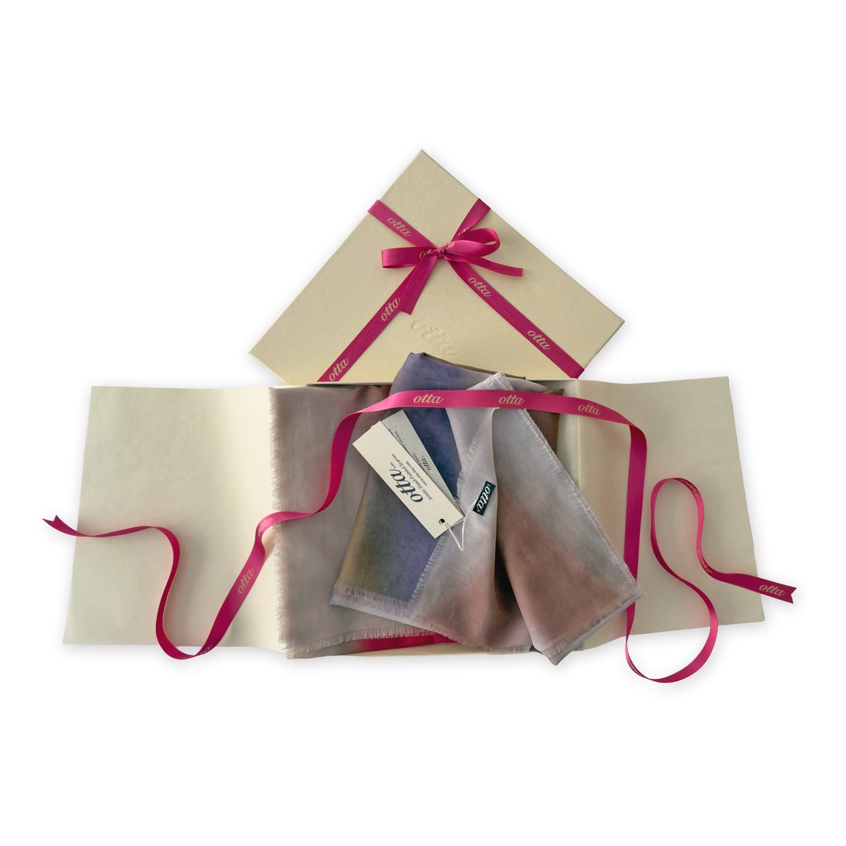 Set of scarves in a gift box with a pink ribbon on a white background. 
Hand-painted silk cotton blend scarf by Otta-Italy, 70 x 190 cm, featuring 
brown, beige, red and purple shades. Luxury Italian pure silk accessory, soft, fresh and lightweight scarf for women and men.
