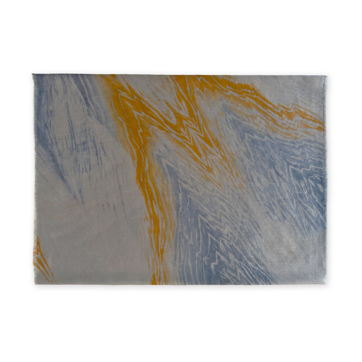 A hand-painted silk cotton scarf by Otta-Italy on a white background, measuring 67 x 193 cm, featuring 
blue, gray and orange shades. Luxury Italian silk cotton blend accessory, soft, fresh and lightweight scarf for women and men.
